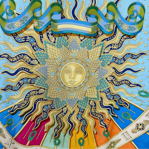 J. McLaughlin Multi Color Roman Numeral Sun 100% Silk Scarf 35.5 x 35” - Picture 10 of 10